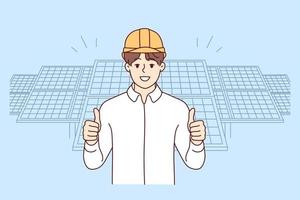 Smiling male engineer in helmet show thumb posing near solar panels. Happy man worker recommend building company. Vector illustration.