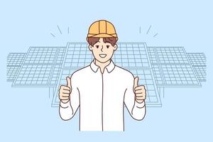 Smiling male engineer in helmet show thumb posing near solar panels. Happy man worker recommend building company. Vector illustration.