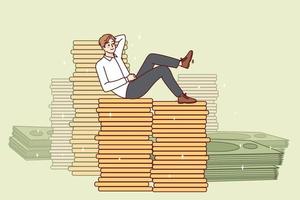 Happy successful businessman sitting on money stacks. Smiling man feel overjoyed with financial stability or wealth. Investment and finances. Vector illustration.