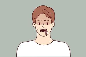 Silent man with zipper on lips is trying to hide compromising information or unpopular opinion. Silent guy with closed mouth refuses to comment and gossip due to self-censorship and cowardice vector