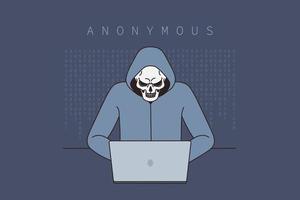 Anonymous hacker in hood and skull mask work on computer break operational software. Darknet user hack program on laptop. Spam or virus spread, technology safety. Vector illustration.