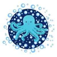 Happy Pink, Turquoise Octopus Cartoon Mascot Character. Marine inhabitants, Scandinavian style, hand drawn vector