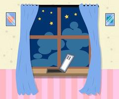 Night out the window icon in cartoon style. Sleep and rest symbol. vector