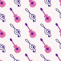 Love music seamless pattern with country guitar, music notes, treble clef, hearts, decorative elements. vector