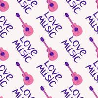 Love music seamless pattern with country guitar, music notes, treble clef, hearts, decorative elements. vector