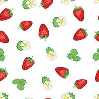 Seamless pattern with strawberries, berries and flowers. Sweet food repeat fabric background. organic fruits vector