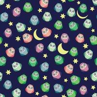 Cute multicolored owls at night with stars, clouds and moon. Seamless pattern in cartoon style, childish seamless pattern, newborn. vector