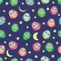 Cute multicolored owls at night with stars, clouds and moon. Seamless pattern in cartoon style, childish seamless pattern, newborn. vector