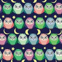 Cute multicolored owls at night with stars, clouds and moon. Seamless pattern in cartoon style, childish seamless pattern, newborn. vector