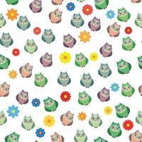 Cute multicolored owls and flowers in cartoon style, childish seamless pattern, newborn. Creative childish background for fabric, textile vector