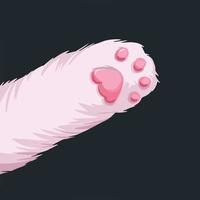 Cat pink paw hand with white fur vector illustration isolated on square dark background. Animal drawing with simple flat cartoon art style. Kawaii and cute artwork.