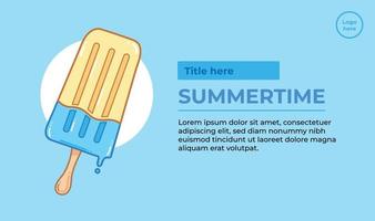 Ice cream popsicle summertime cold food vector illustration banner or poster design with text placement guide isolated on blue wallpaper for social media template, paper card print, website.