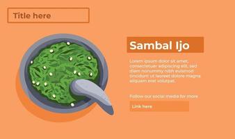 Sambal ijo descriptive vector illustration banner, poster, or brochure print design isolated on orange landscape template. Simple and flat design with contrast template backdrop.