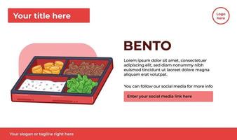 Bento box lunch food. Japanese or korean style banner poster design vector illustration with layout text placement guide isolated template with red and white overall colors. Simple and flat design.