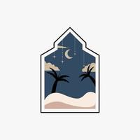 Ramadan Eid Mubarak post art with Boho arch. Modern Islamic pattern. Card with Arabian mosque towers and moon. Religious holiday. Night landscape vector