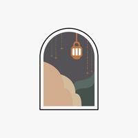 Ramadán eid Mubarak enviar Arte con boho arco. moderno islámico modelo. tarjeta con árabe mezquita torres y Luna. religioso día festivo. noche paisaje vector
