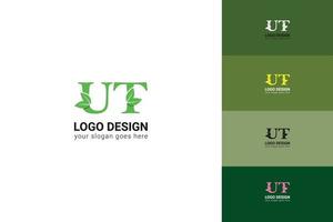 UT letters eco logo with green leaf. Ecology letter logo. Vector typeface for nature posters, eco friendly emblem, vegan identity, herbal and botanical cards etc.