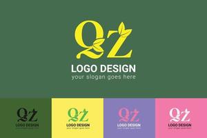 QZ letters eco logo with green leaf. Ecology letter logo. Vector typeface for nature posters, eco friendly emblem, vegan identity, herbal and botanical cards etc.