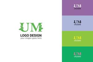 UM letters eco logo with green leaf. Ecology letter logo. Vector typeface for nature posters, eco friendly emblem, vegan identity, herbal and botanical cards etc.