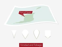 Curved paper map of Trinidad and Tobago with capital Port of Spain on Gray Background. Four different Map pin set. vector