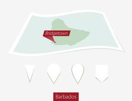 Curved paper map of Barbados with capital Bridgetown on Gray Background. Four different Map pin set. vector