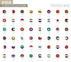 Asia flags collection. Big set of blue pin icon with flags. vector