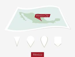 Curved paper map of Mexico with capital Mexico City on Gray Background. Four different Map pin set. vector