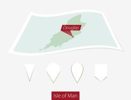 Curved paper map of Isle of Man with capital Douglas on Gray Background. Four different Map pin set. vector