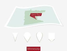 Curved paper map of Minnesota state with capital Saint Paul on Gray Background. Four different Map pin set. vector