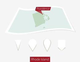 Curved paper map of Rhode Island state with capital Providence on Gray Background. Four different Map pin set. vector