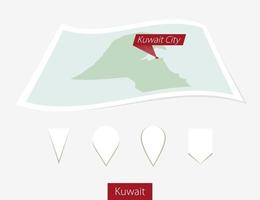 Curved paper map of Kuwait with capital Kuwait City on Gray Background. Four different Map pin set. vector