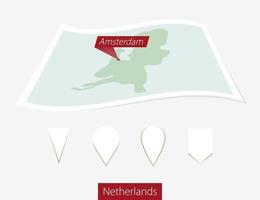 curvo papel mapa de Países Bajos con capital Amsterdam en gris antecedentes. cuatro diferente mapa alfiler colocar. vector