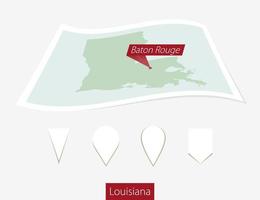 Curved paper map of Louisiana state with capital Baton Rouge on Gray Background. Four different Map pin set. vector