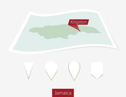 curvo papel mapa de Jamaica con capital Kingston en gris antecedentes. cuatro diferente mapa alfiler colocar. vector