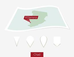 Curved paper map of Chad with capital N'Djamena on Gray Background. Four different Map pin set. vector