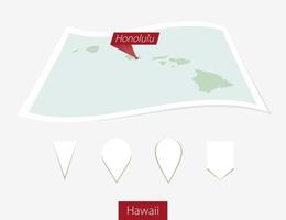 Curved paper map of Hawaii state with capital Honolulu on Gray Background. Four different Map pin set. vector