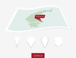Curved paper map of Greece with capital Athens on Gray Background. Four different Map pin set. vector