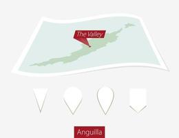 Curved paper map of Anguilla with capital The Valley on Gray Background. Four different Map pin set. vector