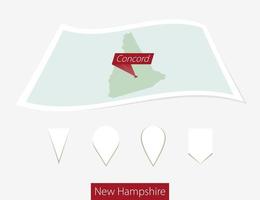 curvo papel mapa de nuevo Hampshire estado con capital concordia en gris antecedentes. cuatro diferente mapa alfiler colocar. vector