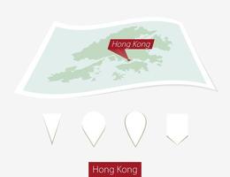 Curved paper map of Hong Kong with capital on Gray Background. Four different Map pin set. vector