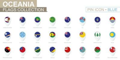 Oceania flags collection. Big set of blue pin icon with flags. vector