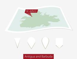 Curved paper map of Antigua and Barbuda with capital St. Johns on Gray Background. Four different Map pin set. vector