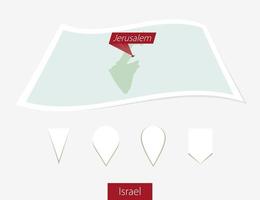 Curved paper map of Israel with capital Jerusalem on Gray Background. Four different Map pin set. vector