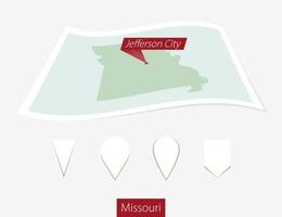 Curved paper map of Missouri state with capital Jefferson City on Gray Background. Four different Map pin set. vector