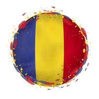 Round grunge flag of Romania with splashes in flag color. vector