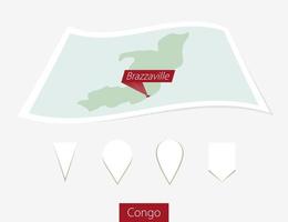 Curved paper map of Congo with capital Brazzaville on Gray Background. Four different Map pin set. vector