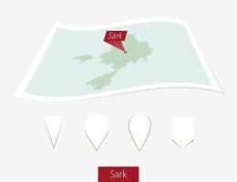 curvo papel mapa de sarco con capital en gris antecedentes. cuatro diferente mapa alfiler colocar. vector