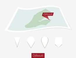 Curved paper map of Djibouti with capital Djibouti on Gray Background. Four different Map pin set. vector