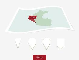 curvo papel mapa de Perú con capital lima en gris antecedentes. cuatro diferente mapa alfiler colocar. vector