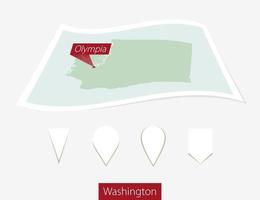 Curved paper map of Washington state with capital Olympia on Gray Background. Four different Map pin set. vector